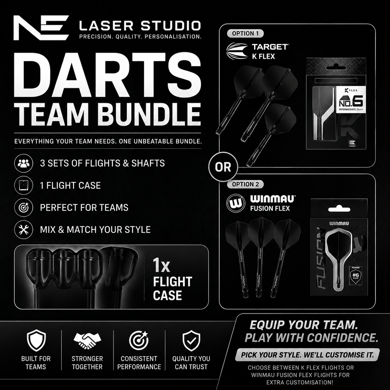 Darts Team Bundle – Choose Target K-Flex or Winmau Fusion Flex Flights | Includes Flight Case